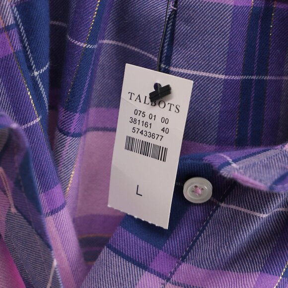 NWT TALBOTS Metallic Flannel Modern Classic Shirt Frost Bloom Purple Plaid Sz L - Picture 8 of 9